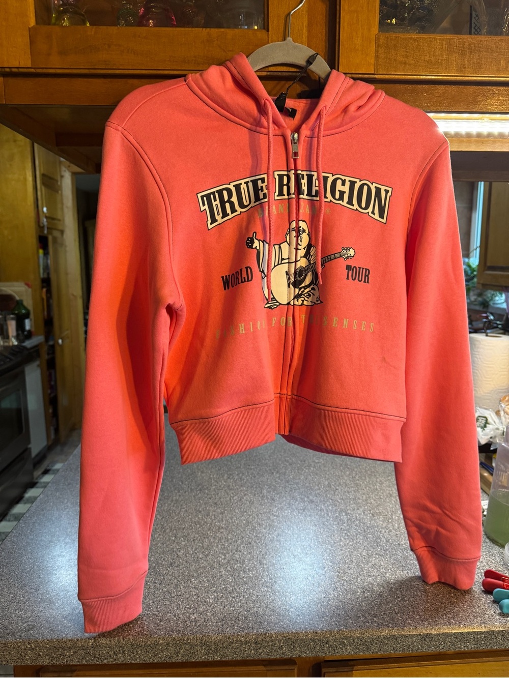 True Religion Coral-Pink Zip Hoodie with Graphic Logo